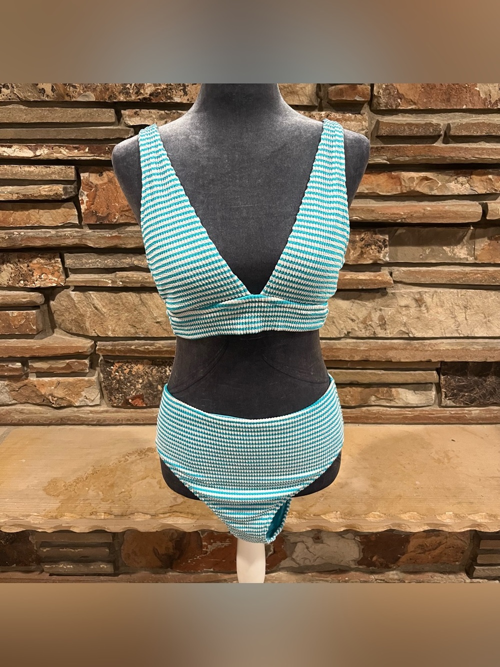 Aerie Seersucker Textured Two-Piece Triangle Bikini High Cut Cheeky Bottom